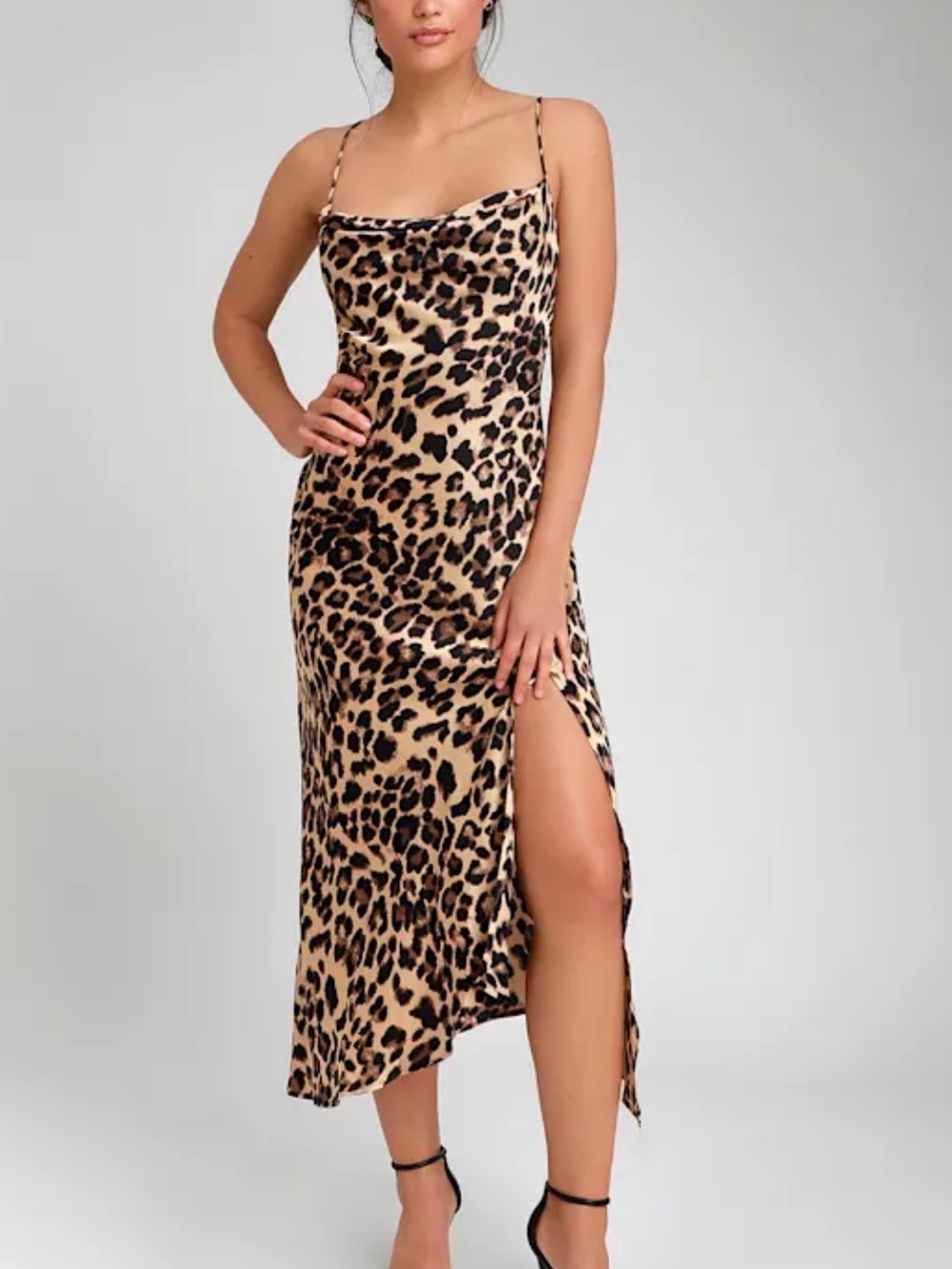 Astr Leopard-Print Slip Midi Dress in Tan and Black